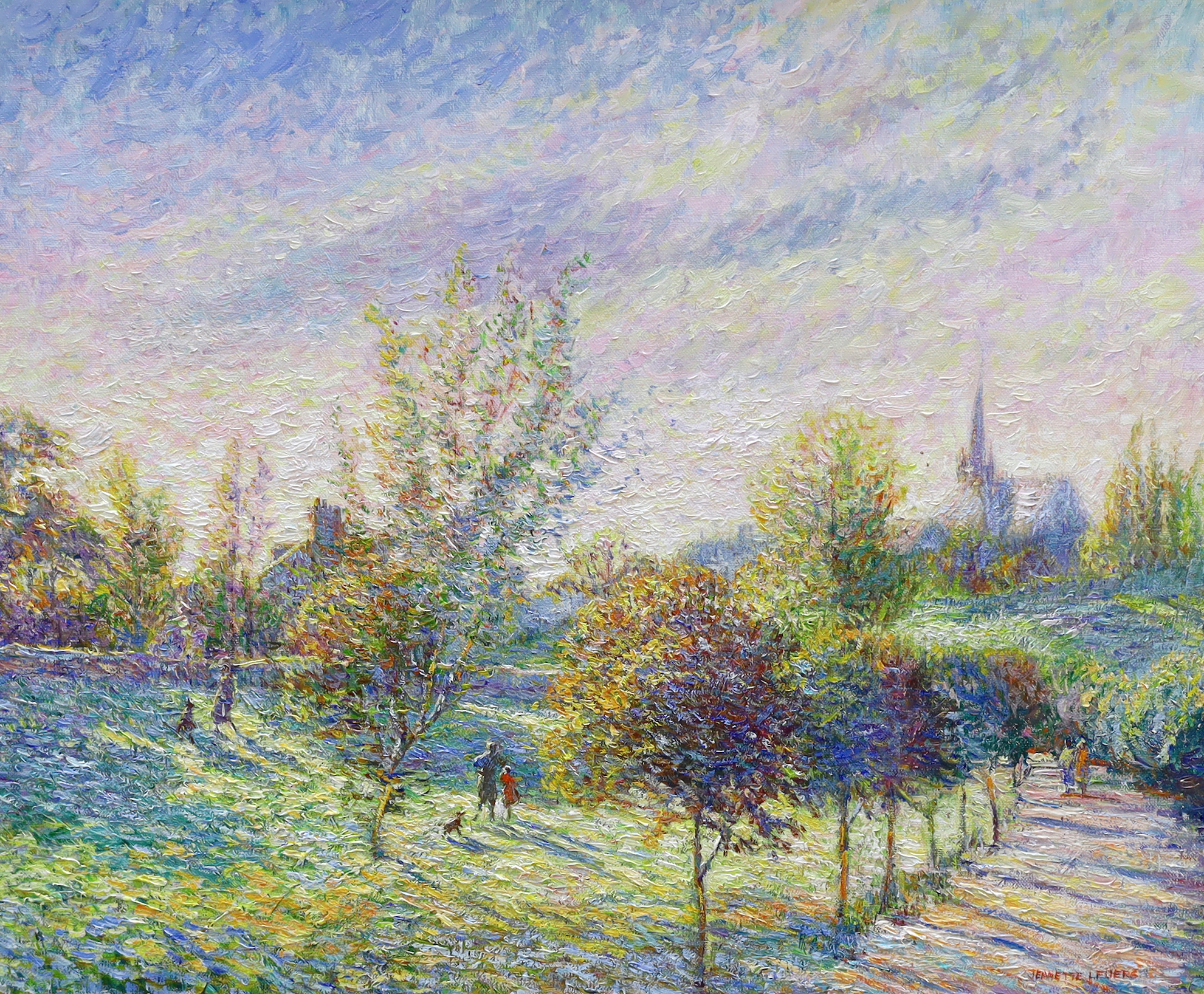 Jeanette Leuers (French, 1942-), Impressionist oil on canvas, 'Fresh Morning Sun, Coismes, Brittany', signed and inscribed verso, 49 x 59cm
